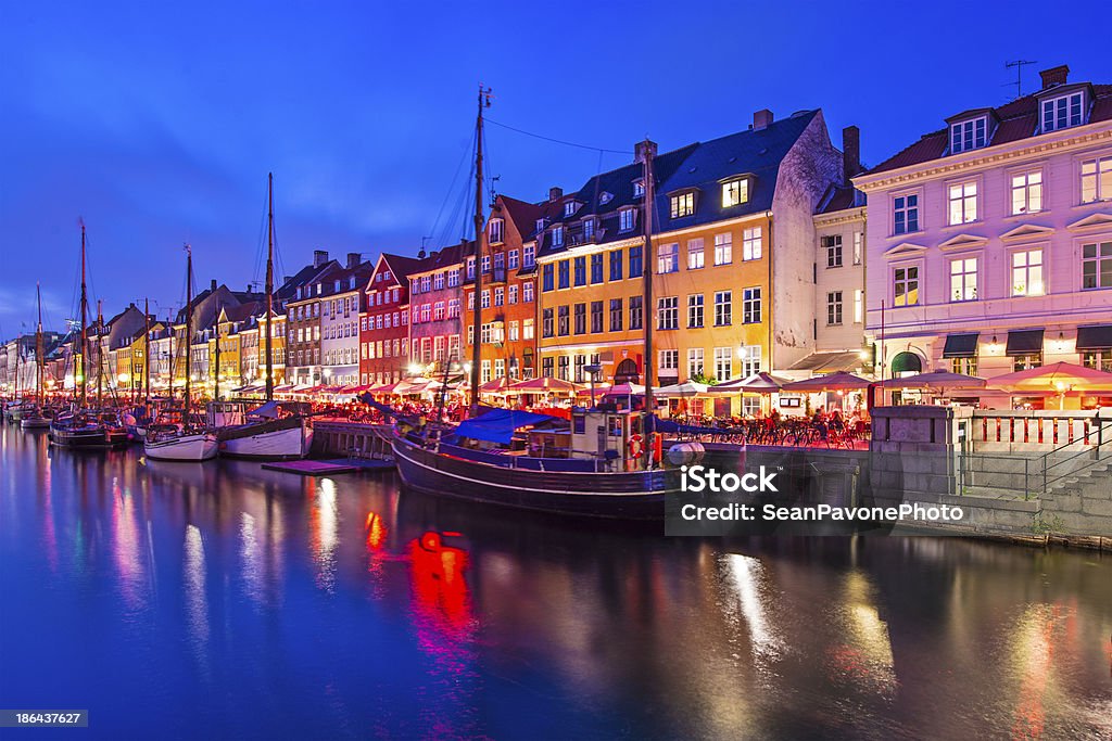 Canal at night in Copenhagen Denmark with lights Nyhavn Canal in Copenhagen, Demark. 2013 Stock Photo