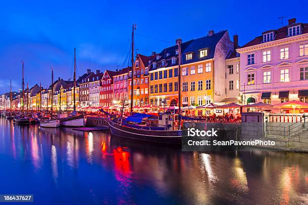 Canal At Night In Copenhagen Denmark With Lights Stock Photo - Download Image Now - 2013, Architecture, Cafe