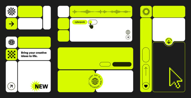 ilustraciones, imágenes clip art, dibujos animados e iconos de stock de plantilla lúdica de moda pixels y2k para web.grids. interfaz de usuario, pantalla digital. iconos web, botones. interfaz de usuario geométrica de moda. elementos de neón amarillos. degradado de la estética de los 90. píxeles de reloj de arena - experiencia del usuario