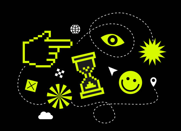 Y2k trendy stickers. Pixels elements in the mood of 90's aesthetics.Geometric Brutalism shape. 8-bit retro style illustration. Black background. Simple forms, symbols . Vector illustration