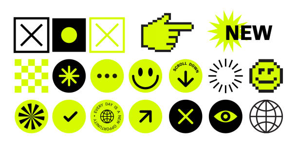 illustrazioni stock, clip art, cartoni animati e icone di tendenza di pixel y2k adesivi giocosi alla moda. icone a 8 bit astratte. ui. neon giallo. elementi retrò nel mood dell'estetica anni '90. illustrazione. emoji, cursore del clic della mano e icona del puntatore. - il millennio