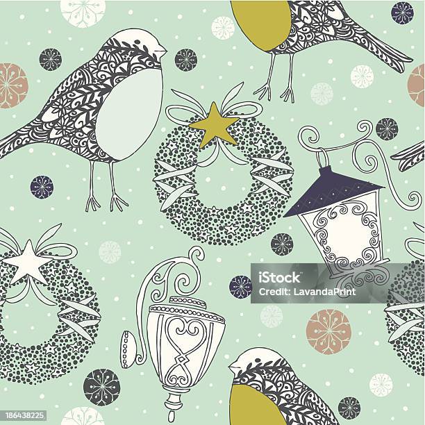Motivo Di Natale Di Uccelli Wreaths E Le Lampade - Immagini vettoriali stock e altre immagini di Arte - Arte, Arti e mestieri, Attrezzatura per illuminazione