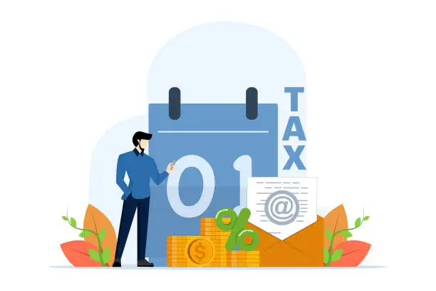 Vector illustration of Online tax payment concept, Fill tax forms, Calendar showing Tax Payment Dates, create income tax returns and calculate business invoices. Tax calculations, Accounting and Financial Management.