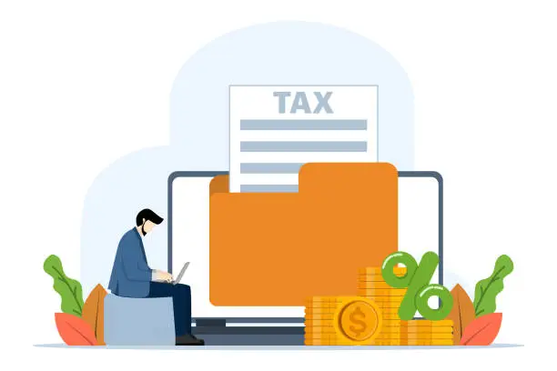 Vector illustration of Online tax payment concept, Fill tax forms, Calendar showing Tax Payment Dates, create income tax returns and calculate business invoices. Tax calculations, Accounting and Financial Management.