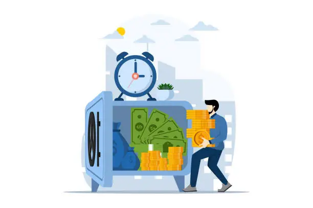 Vector illustration of Money saving and profit concept, Financial goals, character carrying coins to save, Personal financial management and financial literacy. wealth management and investment plans. vector illustration.