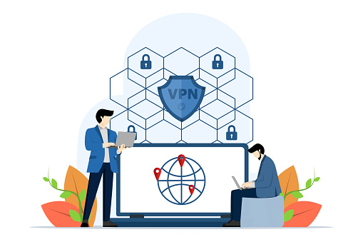 Virtual Private Network Concept. VPN service on laptop. data protection, remote servers, cyber security, secure web traffic. Modern flat cartoon style. Vector illustration on white background.