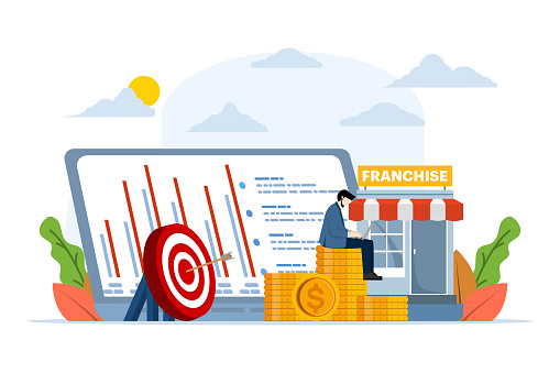 Franchise business branch expansion concept, entrepreneur planning expansion strategy. Small companies, corporations, shops, service chains, retail stores. flat vector illustration on background.