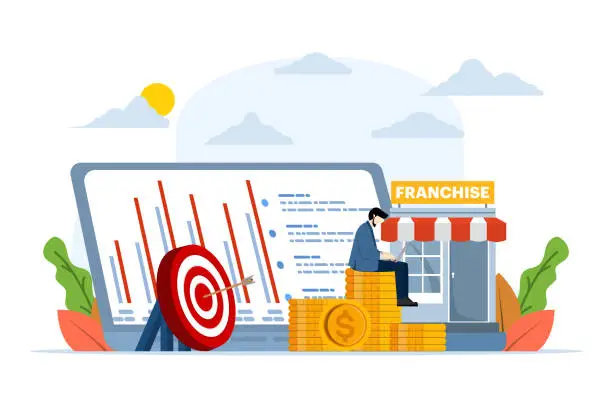 Vector illustration of Franchise business branch expansion concept, entrepreneur planning expansion strategy. Small companies, corporations, shops, service chains, retail stores. flat vector illustration on background.