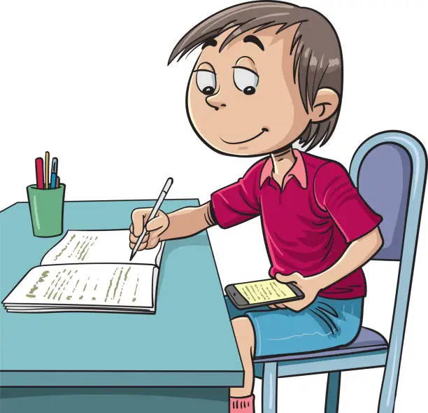 Vector illustration of Cute child is writing an assignment.