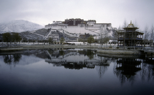 A winter snow at the Potala Palace, Lhasa, Tibet. Construction of the Palace began in 1645.