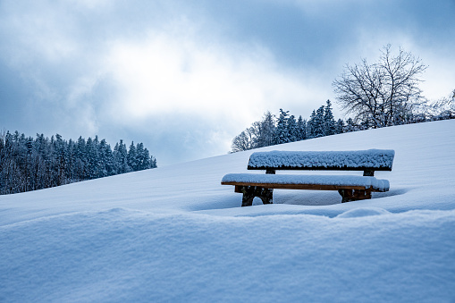 Idyllically snow-covered wooden bench in the snow. Winterlandscape with tree silhouette