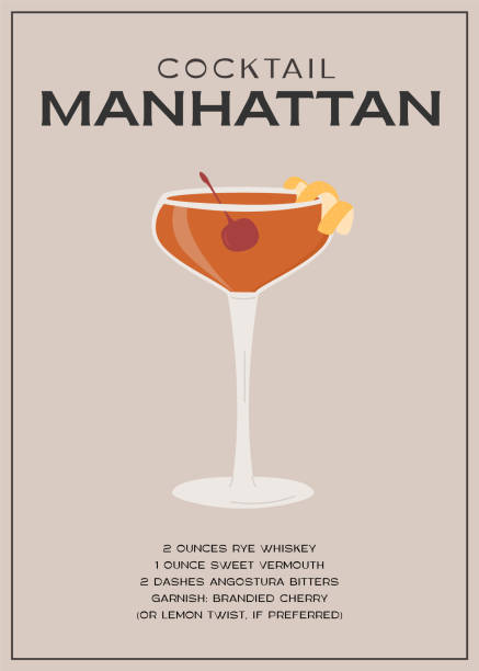 manhattan classic cocktail garniert mit maraschino-kirsche. klassischer wandkunstdruck für rezepte für alkoholische getränke. sommer-aperitif-poster. minimalistisches plakat für alkoholische getränke. vektor-illustration. - new york city built structure glass backgrounds stock-grafiken, -clipart, -cartoons und -symbole