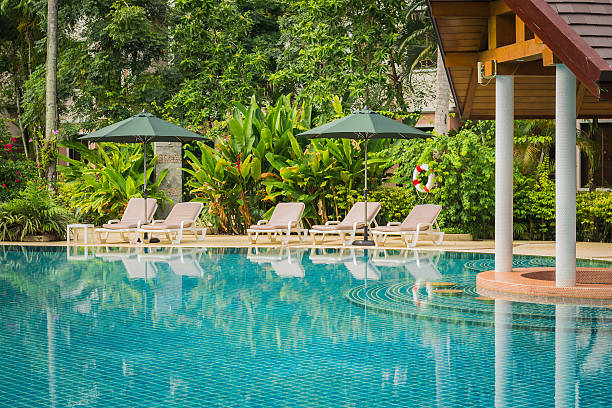 istock couches with umbrellas around swimming pool 186442618