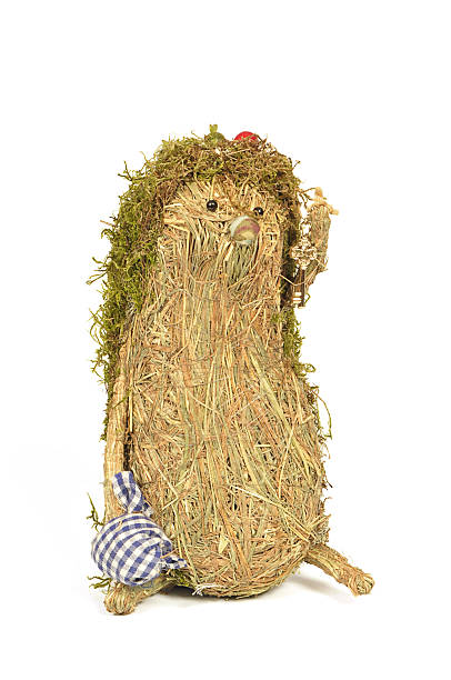 handmade hedgehog of hay and moss stock photo