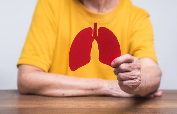 istock Senior woman holding a lung shape symbol while sitting at a table. 1864471759