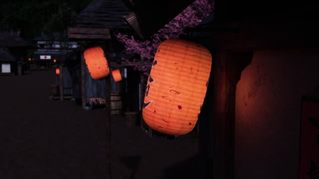 Japanese old village at night with red lanterns
