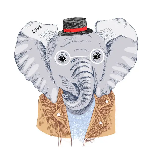 Vector illustration of Hipster elephant in leather jacket and top hat. Asian elephant head portrait.