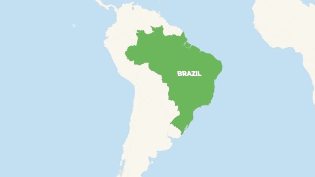 World Map Zoom In To Brazil. Animation in 4K Video. Green Brazil Territory On Blue and White World Map