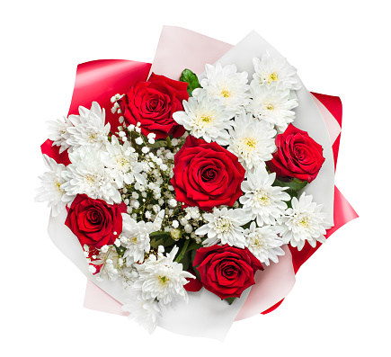 bouquet of red roses and white chrysanthemums in gift wrapping on a white isolated background, top view