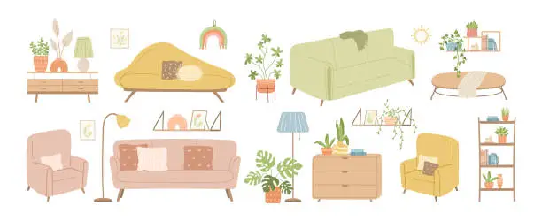 Vector illustration of Flat style furniture and decor isolated elements set, vector hand drawn illustration. Home decorations for cozy modern interior. Stylish sofa, drawers, couch, lamp, houseplant, armchair and table