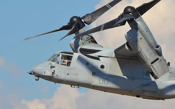 A Marine Corps V-22 Osprey tilt-rotor, built by Boeing and Bell.