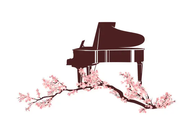 Vector illustration of spring blossom sakura branches and grand piano vector border design