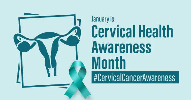 Vector illustration of Cervical Health Awareness Month. Observed in the January yearly campaign banner. Features female reproductive organ illustration and teal ribbon.