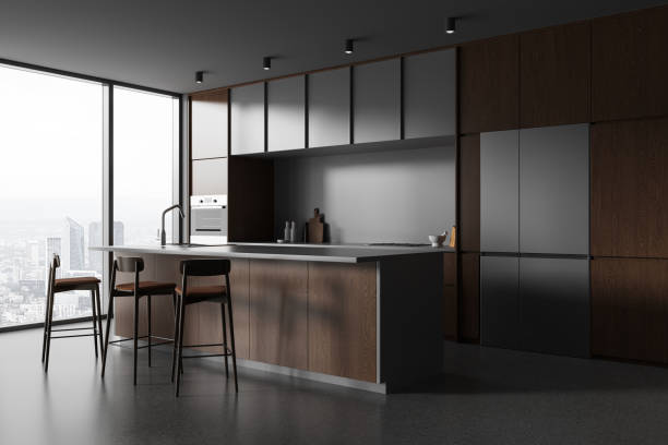 istock Island and cabinets in gray and wooden kitchen interior 1864545963