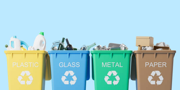 istock Four waste bins full of different types of garbage, blue 1864547558