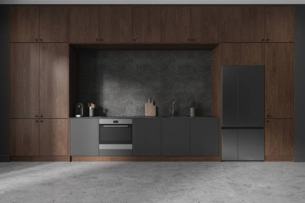 istock Wooden home kitchen interior cabinet with fridge and oven, kitchenware 1864549188