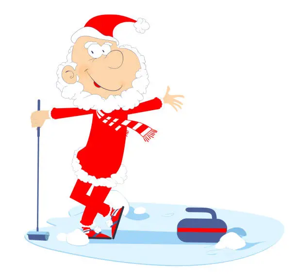 Vector illustration of Cartoon Santa Claus plays curling