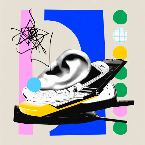 Human ear lying on many retro mobile phones over light background with abstract elements. Communication. Contemporary art collage.