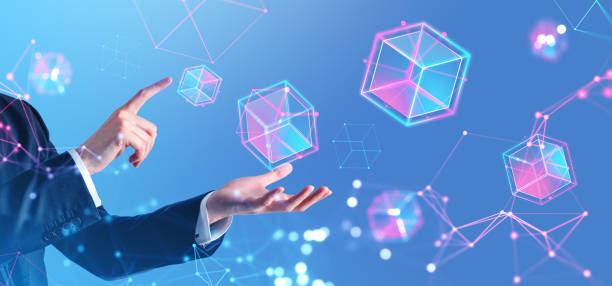 istock Businessman finger touch data blocks in cyberspace and virtual reality 1864551898
