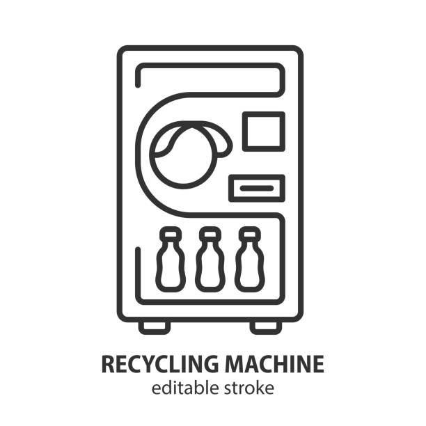 ilustrações, clipart, desenhos animados e ícones de ícone da linha da máquina de reciclagem. símbolo do vetor da máquina de venda automática. traço editável. - vending machine machine coin operated convenience