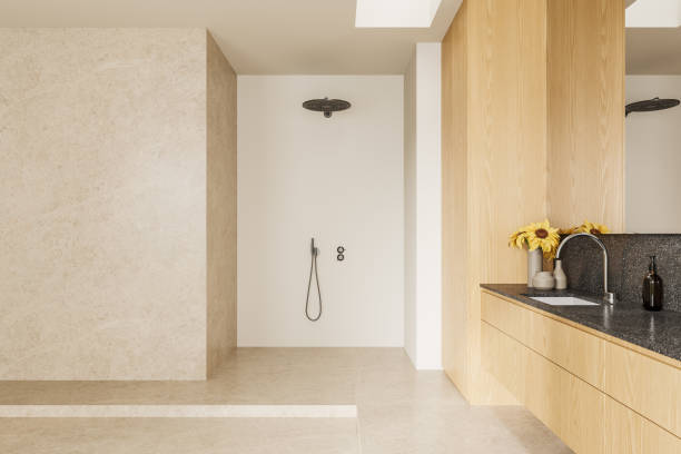 istock Light wooden home bathroom interior with sink and shower, accessories on vanity 1864553513