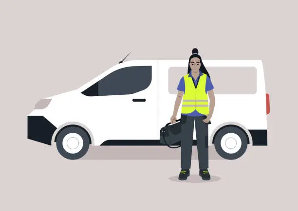 Vector illustration of A young character in a repair worker uniform, adorned with a yellow high-visibility vest, lanyard, and polo shirt, carrying a bag of work tools in one hand, next to panel van in a side view