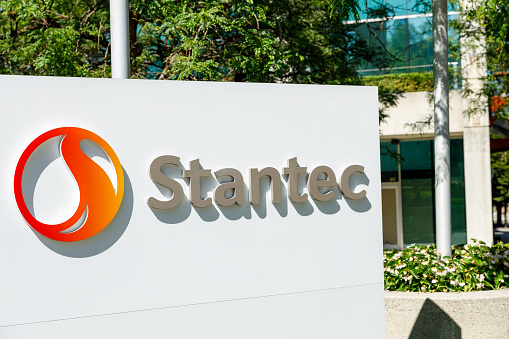 Vancouver, Canada - July 1,2023: View of sign Stantec Inc (Stantec) provider of engineering consulting services in downtown Vancouver