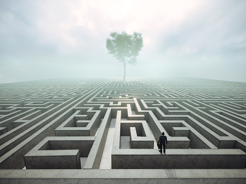 Business man standing on maze and looking to the distant tree. (3d render)