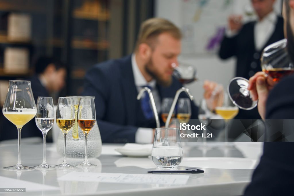 Blind Tasting Exam Young Sommeliers Degustation Various Alcohol Drinks Blind Tasting Exam Young Sommeliers Degustation Various Alcohol Drinks