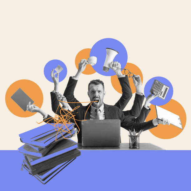 Young emotional man, employee working on different professional tasks. Project manager. Contemporary art collage.