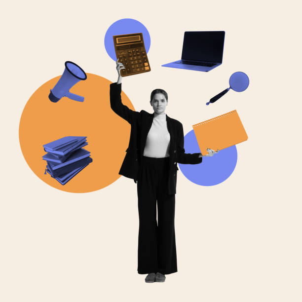 istock Young woman, employee working on different professional tasks. Project manager. Contemporary art collage. 1864594942