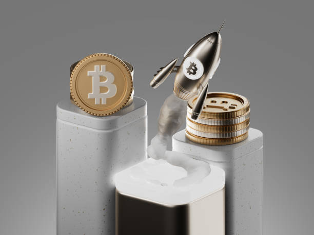 istock bitcoin to the moon, bullish cryptocurrency. bitcoin token crypto currency logo in a rocket with copy space background in 3D rendering. Metal gold texture 1864631967