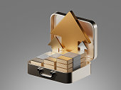 3d gold coins in black briefcase on gray background. 3D illustration rendering.