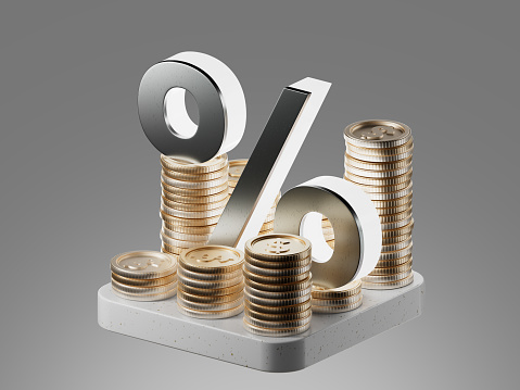 Bank credit concept. Percent, good interest rate, interest-free. Finance management. 3d illustration. Gold metal texture