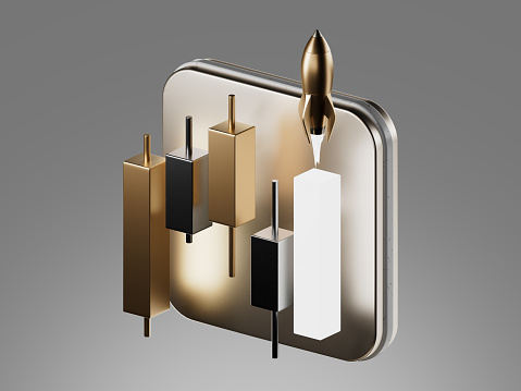 The 3D icon combines Japanese candle, rocket, and trading symbols, representing success, innovation, and financial growth. It features a realistic metal texture design