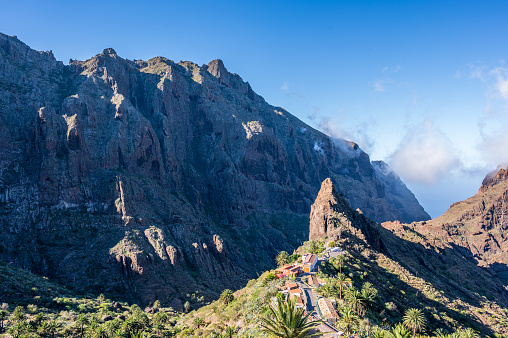 View of Masca, a small mountain village on the island of Tenerife, from above. The village is situated above the Los Gigantes cliffs, the highest cliffs in Europe.