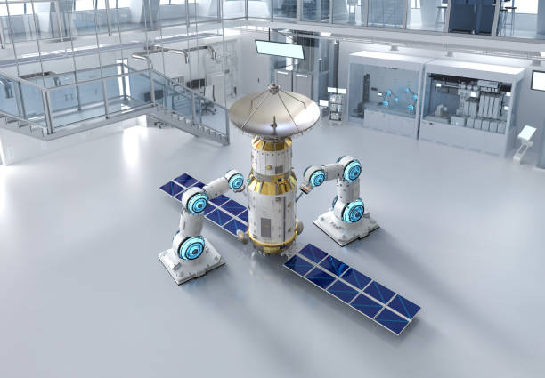 istock Telecommunication technology with robotic arm manufacturing satellite dish 1864652587