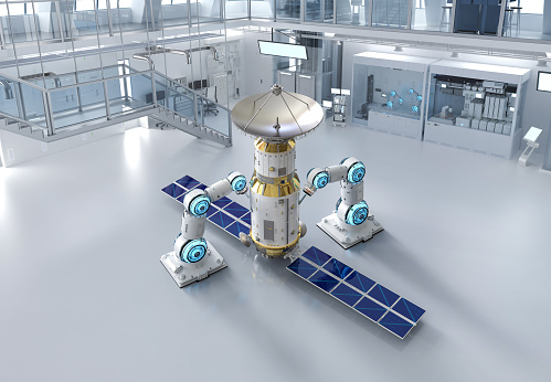 Telecommunication technology concept with 3d rendering robotic arm manufacturing satellite dish