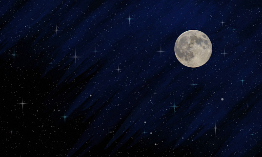 Full Moon over Starry Night Sky with Copy Space - Blue Watercolor Background.     \n\nElements of this image are furnished by NASA. - Source:  Supermoon - 201408100002HQ_orig URL: https://www.nasa.gov/sites/default/files/201408100002hq.jpg