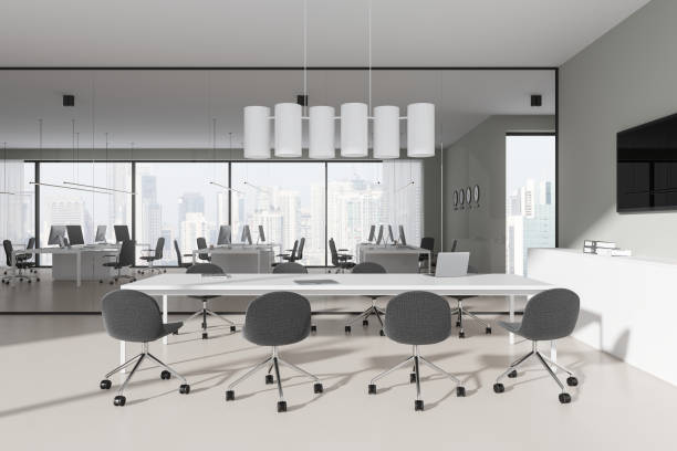istock Light office interior with conference room and coworking space, panoramic window 1864660500
